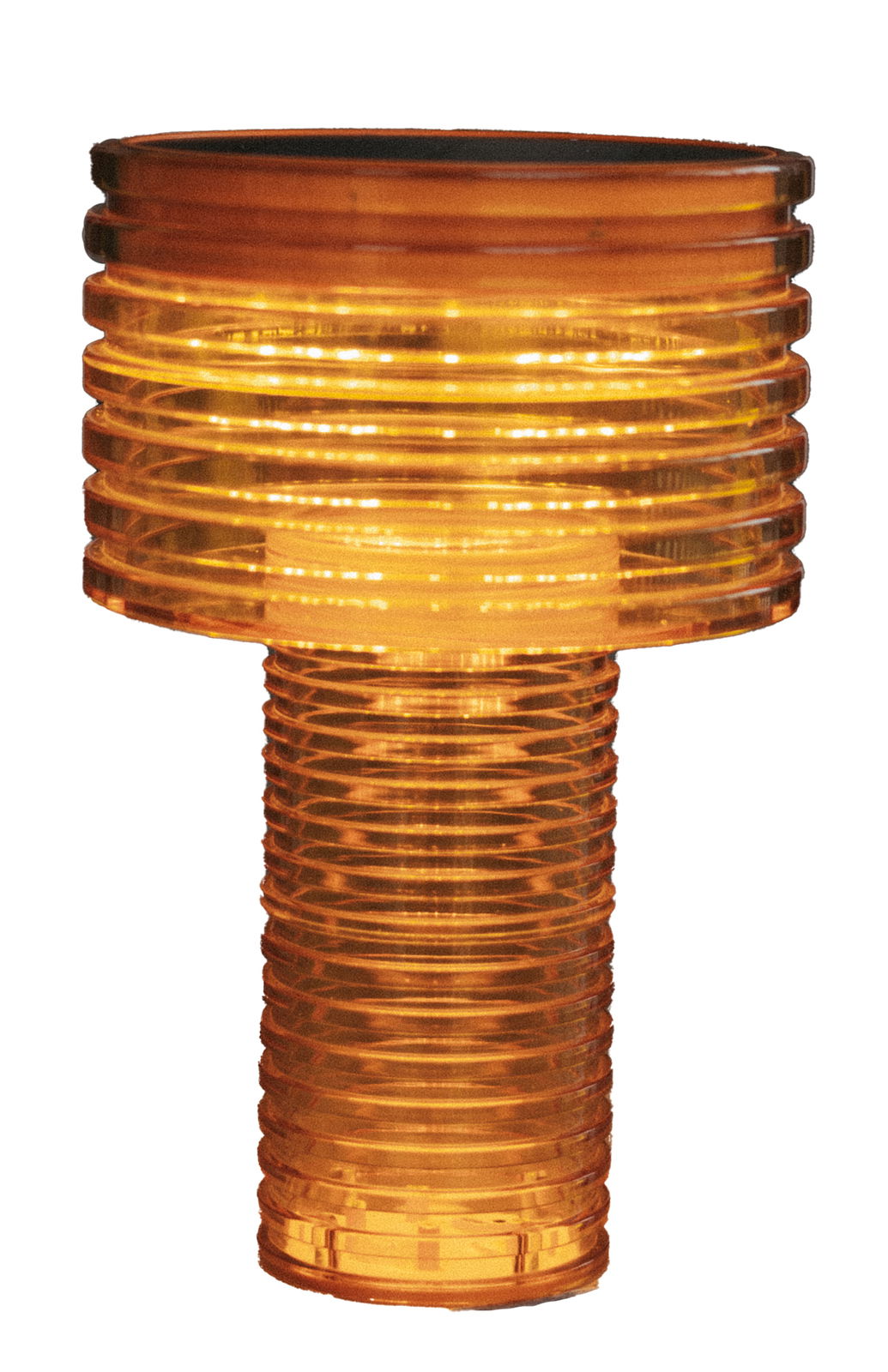 Orangefarbene Akku-Solar-Tischleuchte mit geriffeltem Design, seitliche Perspektive