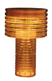 Orangefarbene Akku-Solar-Tischleuchte mit geriffeltem Design, seitliche Perspektive