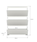 Frontansicht eines weißen Schuhschranks mit drei Klappfächern, Maße 95 cm Breite, 127 cm Höhe, 18 cm Tiefe.