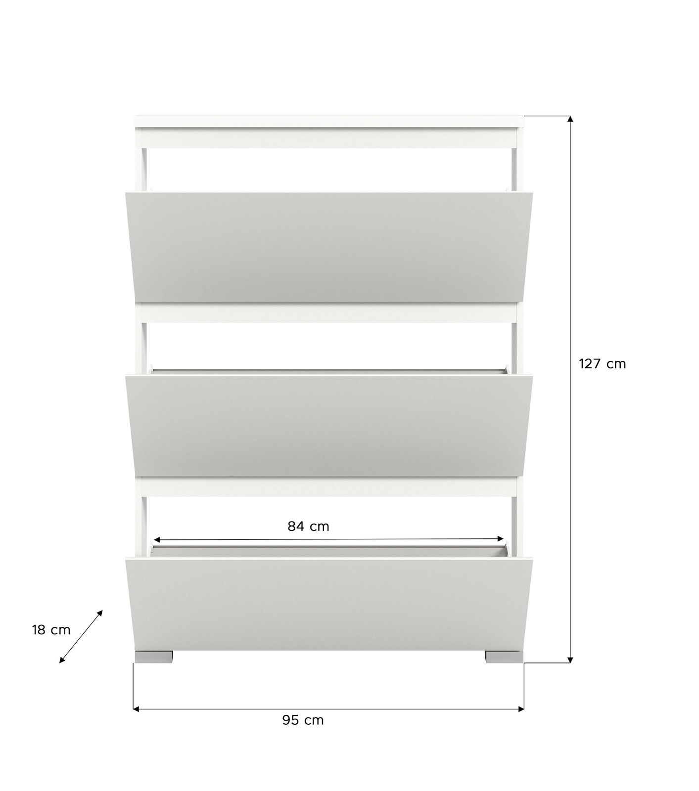 Frontansicht eines weißen Schuhschranks mit drei Klappfächern, Maße 95 cm Breite, 127 cm Höhe, 18 cm Tiefe.