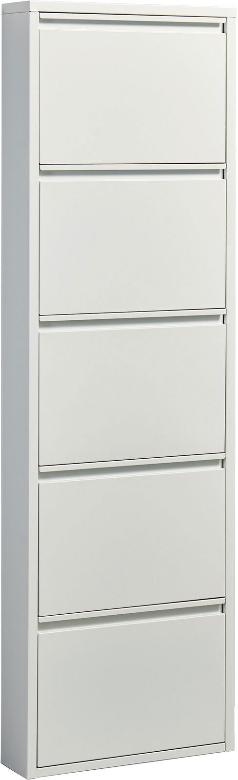 Schmaler weißer Metallschuhschrank mit fünf Klappfächern, freigestellt, in leichter Frontansicht mit sichtbarer linker Seitenwand