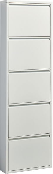Schmaler weißer Metallschuhschrank mit fünf Klappfächern, freigestellt, in leichter Frontansicht mit sichtbarer linker Seitenwand