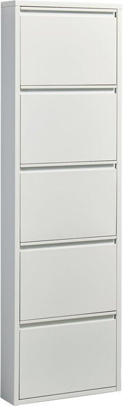 Schmaler weißer Metallschuhschrank mit fünf Klappfächern, freigestellt, in leichter Frontansicht mit sichtbarer linker Seitenwand