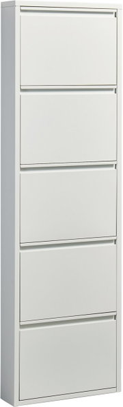 Schmaler weißer Metallschuhschrank mit fünf Klappfächern, freigestellt, in leichter Frontansicht mit sichtbarer linker Seitenwand