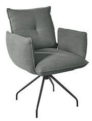 Moderner grüner Sessel mit gepolsterten Armlehnen und schwarzem Metallgestell, seitliche Perspektive