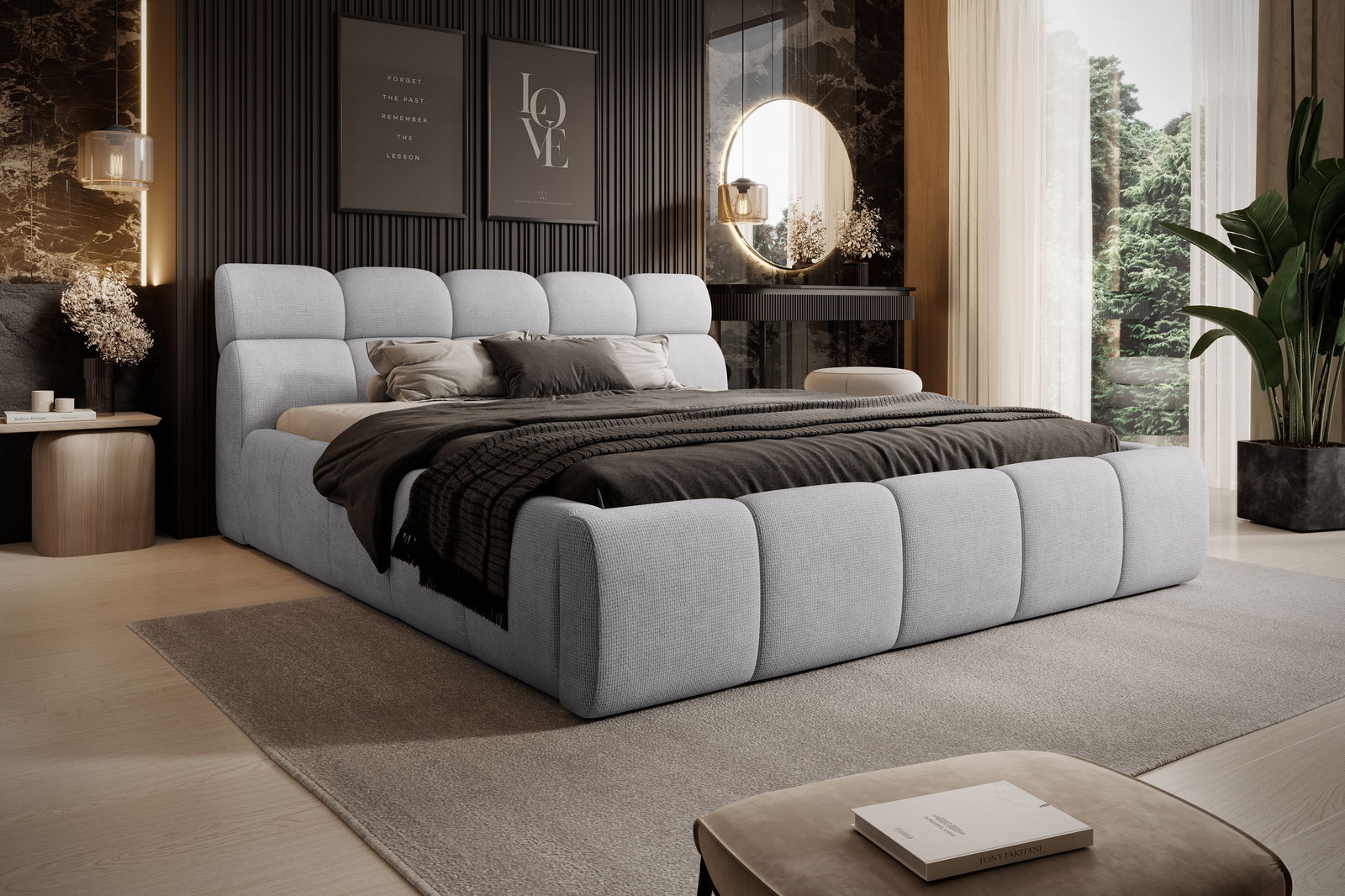 Modernes Polsterbettgestell in einem stilvollen Schlafzimmer, seitliche Perspektive.