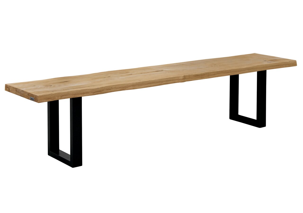 Houten bank met zwart metalen frame, zijaanzicht