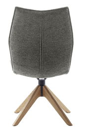 Rückansicht eines modernen Stuhls mit grauem Stoffbezug und Holzbeinen.
