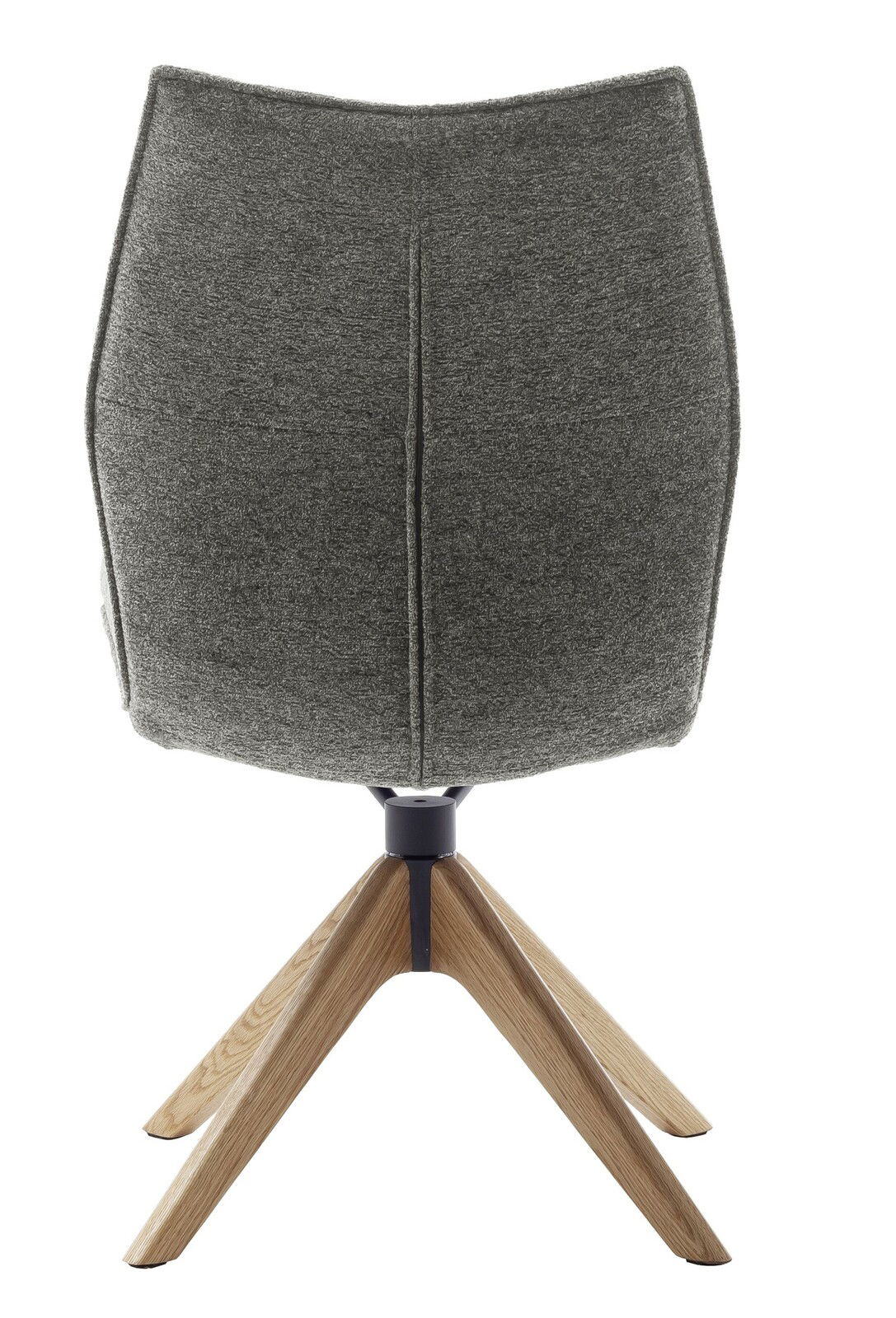 Rückansicht eines modernen Stuhls mit grauem Stoffbezug und Holzbeinen.