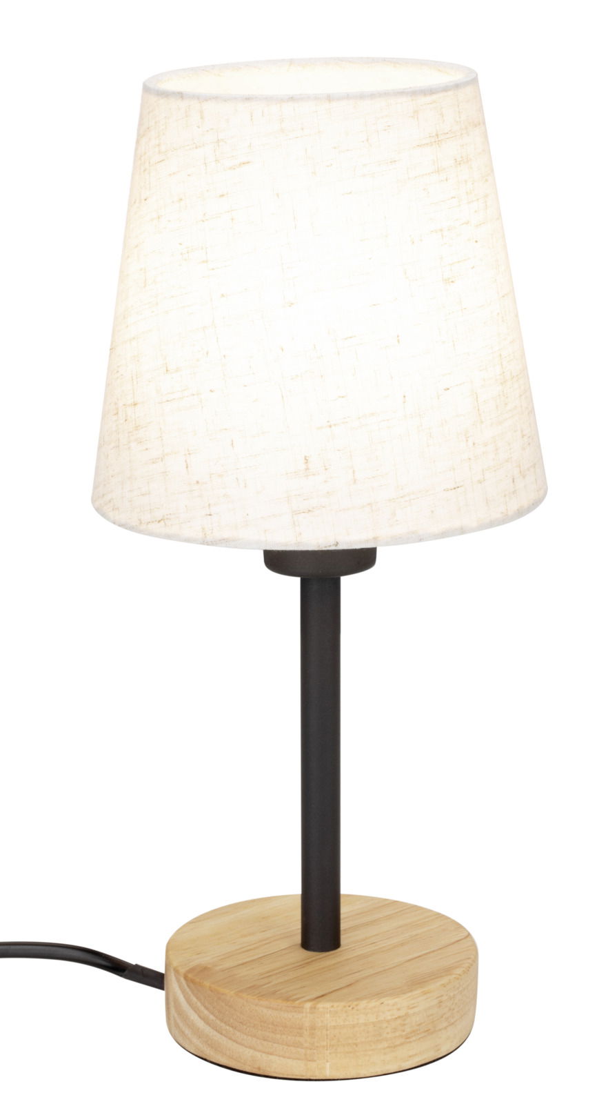 Tischleuchte mit hellem Stoffschirm und Holzfuß, seitliche Perspektive