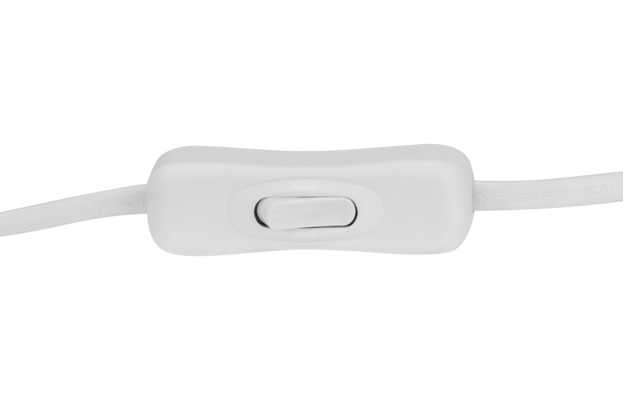 Nahaufnahme eines weißen Kippschalters an einem Kabel, frontal betrachtet.