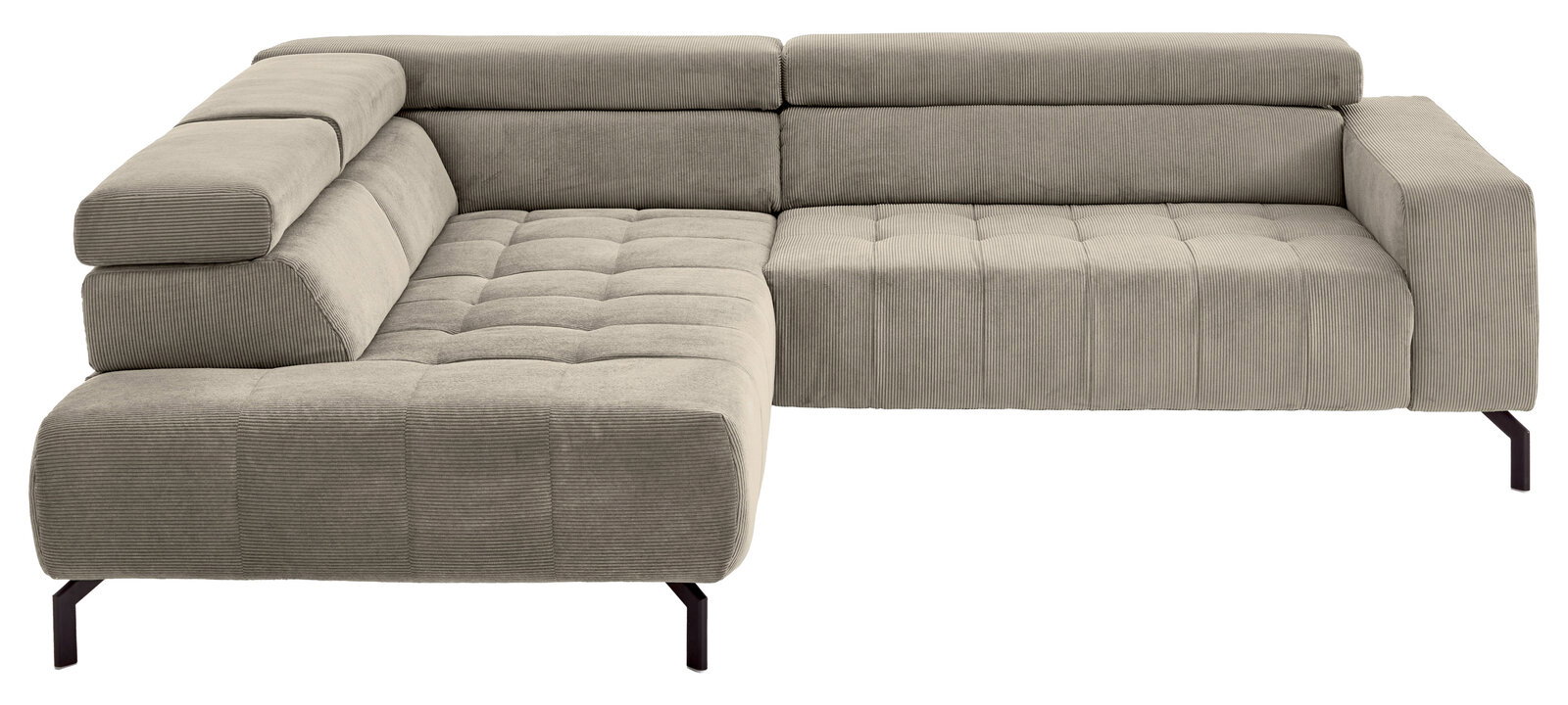Beiges L-förmiges Ecksofa mit Cordbezug, gepolsterten Armlehnen, gesteppten Sitzflächen und schwarzen Metallfüßen, Ansicht schräg von vorne
