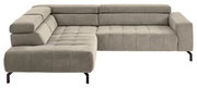 Beiges L-förmiges Ecksofa mit Cordbezug, gepolsterten Armlehnen, gesteppten Sitzflächen und schwarzen Metallfüßen, Ansicht schräg von vorne