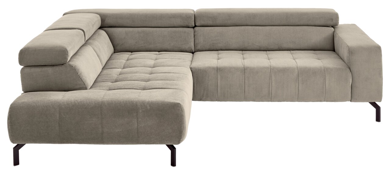 Beige L-vormige hoekbank met corduroy bekleding, gestoffeerde armleuningen, doorgestikte zittingen en zwarte metalen poten, schuin vooraanzicht