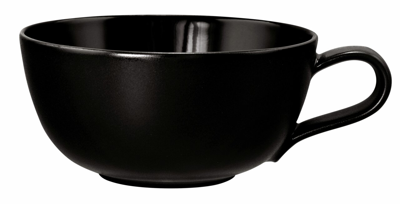 Schwarze Teetasse mit Henkel, seitliche Perspektive