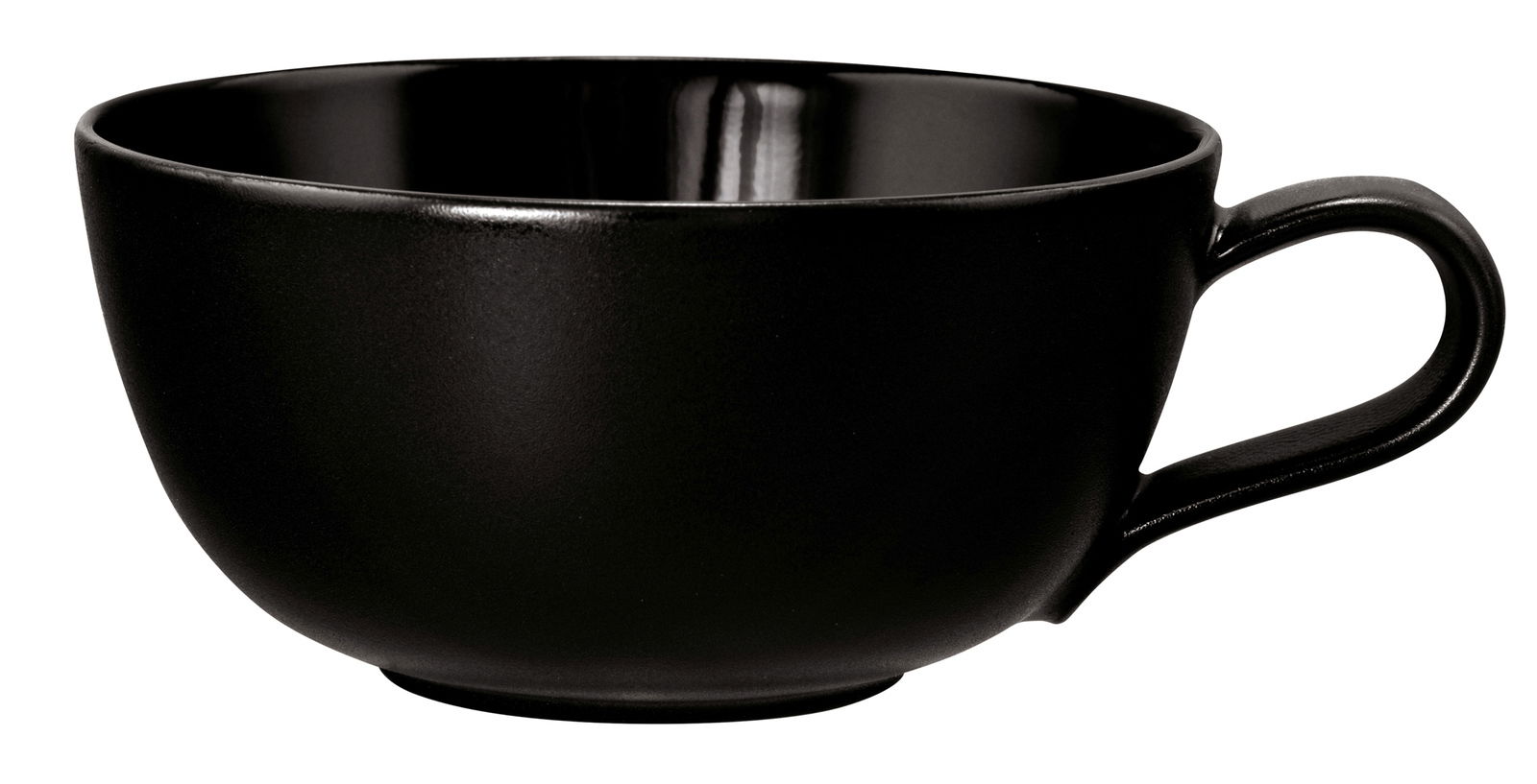 Schwarze Teetasse mit Henkel, seitliche Perspektive