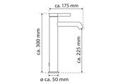 Seitenansicht einer Waschtischarmatur mit den Maßen: Höhe ca. 300 mm, Ausladung ca. 175 mm, Auslaufhöhe ca. 225 mm, Durchmesser ca. 50 mm.