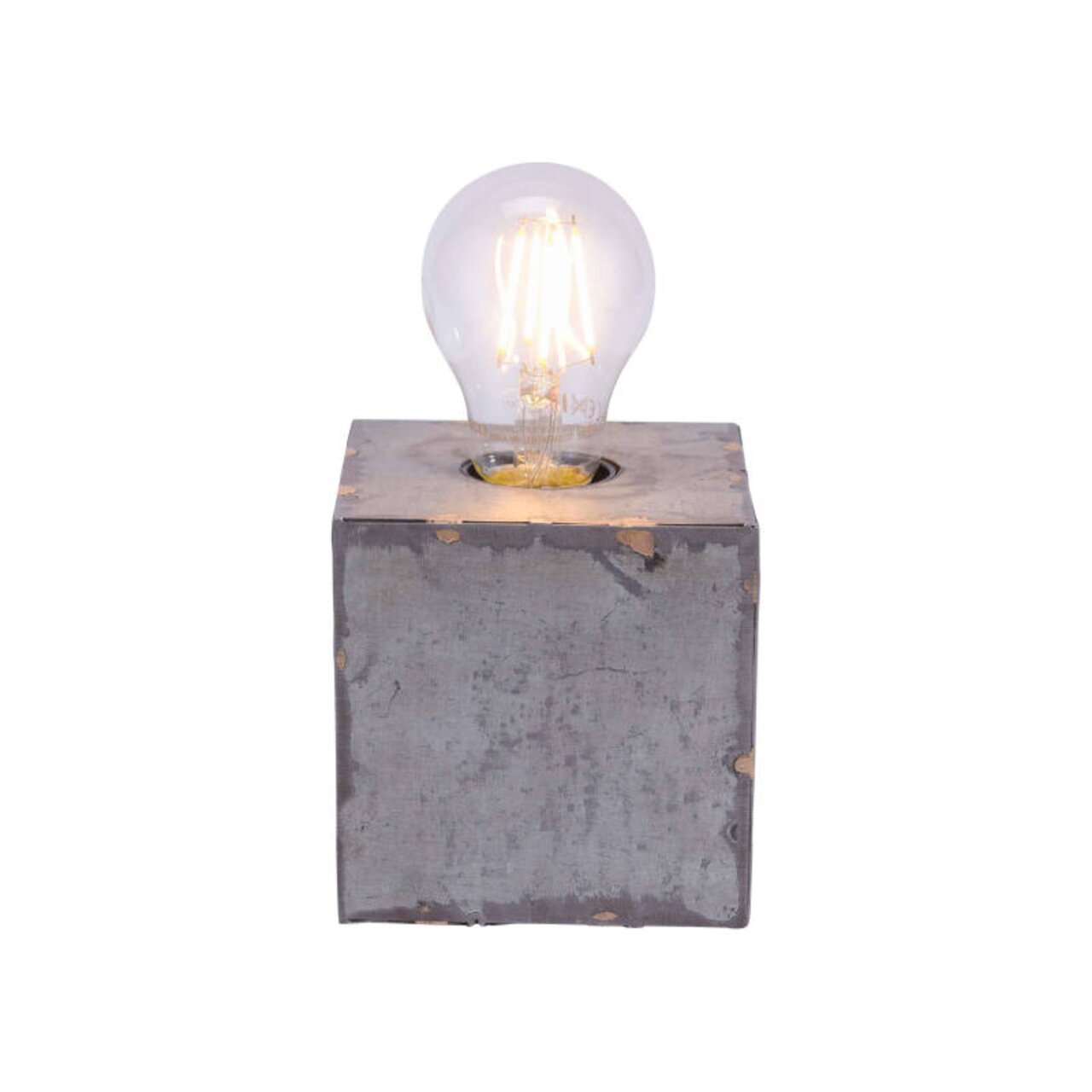 Tischleuchte SAMIA aus Eisen mit rustikalem, kubischem Design und sichtbarer Glühbirne, frontal betrachtet.