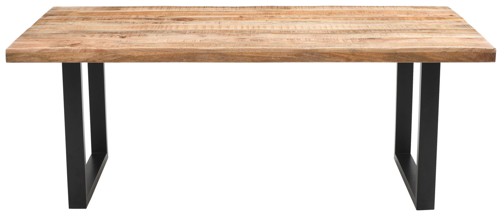 Esstisch aus Holz mit Metallbeinen, frontal fotografiert