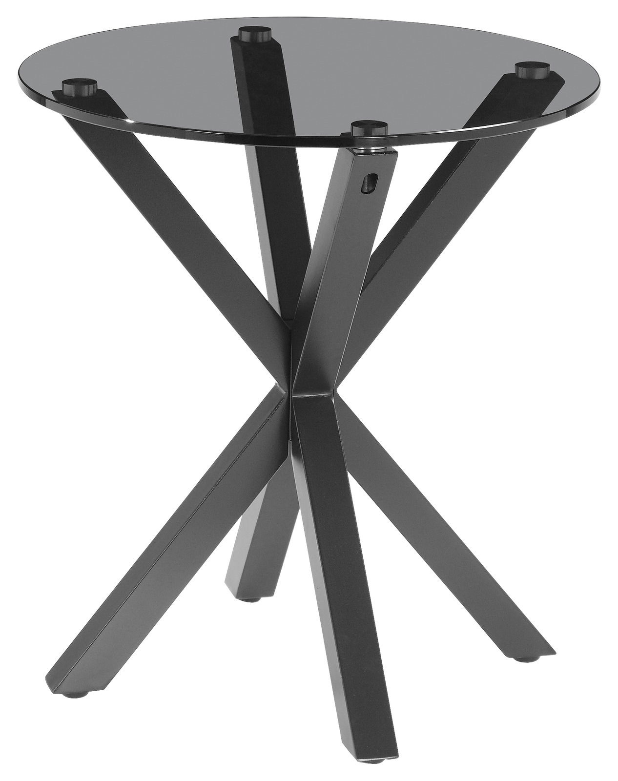 Moderner Beistelltisch mit runder Glasplatte und schwarzem Metallgestell, seitliche Perspektive