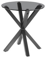 Moderner Beistelltisch mit runder Glasplatte und schwarzem Metallgestell, seitliche Perspektive