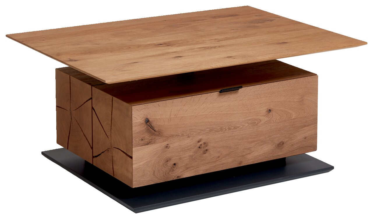 Moderner Couchtisch aus Holz mit rechteckiger Form, seitliche Perspektive, auf schwarzem Sockel.