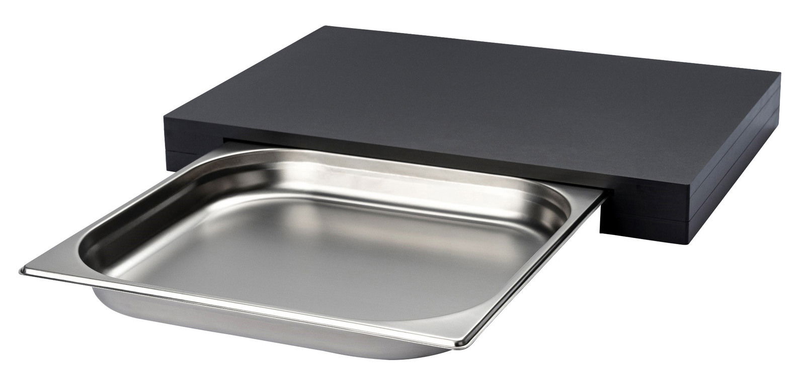 Schneidebrett mit herausziehbarer Schublade aus Edelstahl, seitliche Perspektive