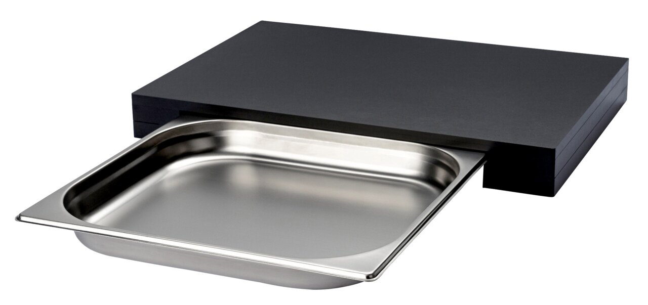 Schneidebrett mit herausziehbarer Schublade aus Edelstahl, seitliche Perspektive