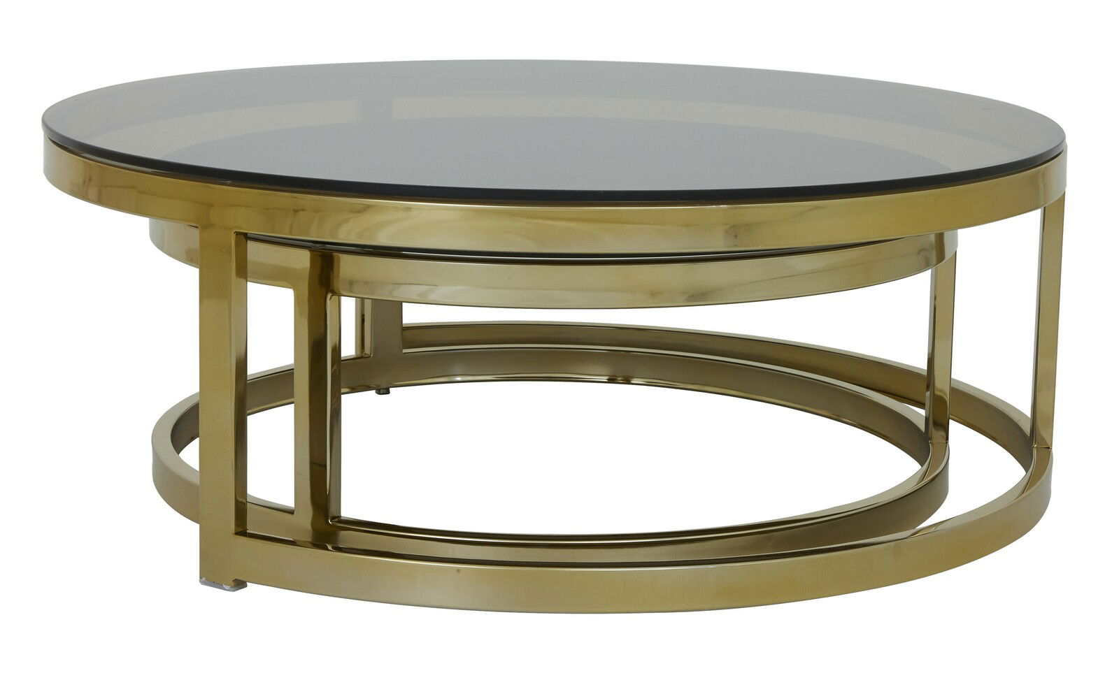 Runder Couchtisch mit goldfarbenem Metallrahmen und dunkler Glasplatte, seitliche Perspektive