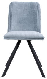 Moderner Stuhl mit hellblauem Stoffbezug und schwarzen Metallbeinen, Frontalansicht