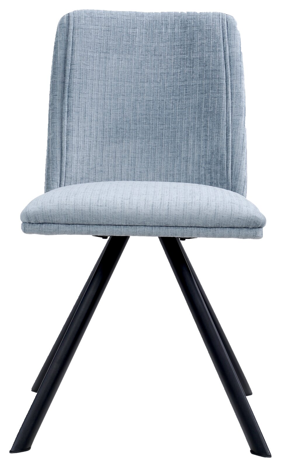 Moderner Stuhl mit hellblauem Stoffbezug und schwarzen Metallbeinen, Frontalansicht