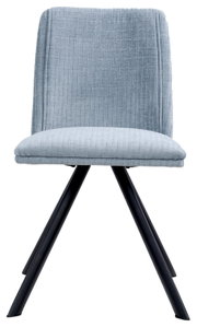 Moderner Stuhl mit hellblauem Stoffbezug und schwarzen Metallbeinen, Frontalansicht