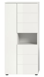 Weißer Standschrank mit mehreren Schubladen und einem offenen Fach, Frontalansicht