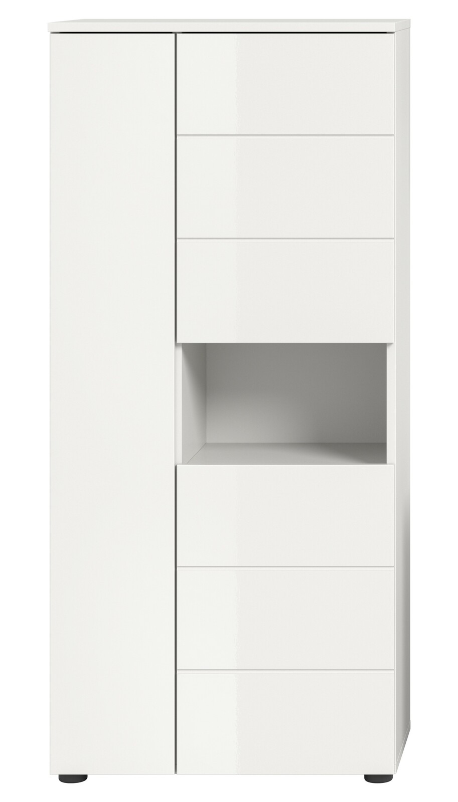 Weißer Standschrank mit mehreren Schubladen und einem offenen Fach, Frontalansicht
