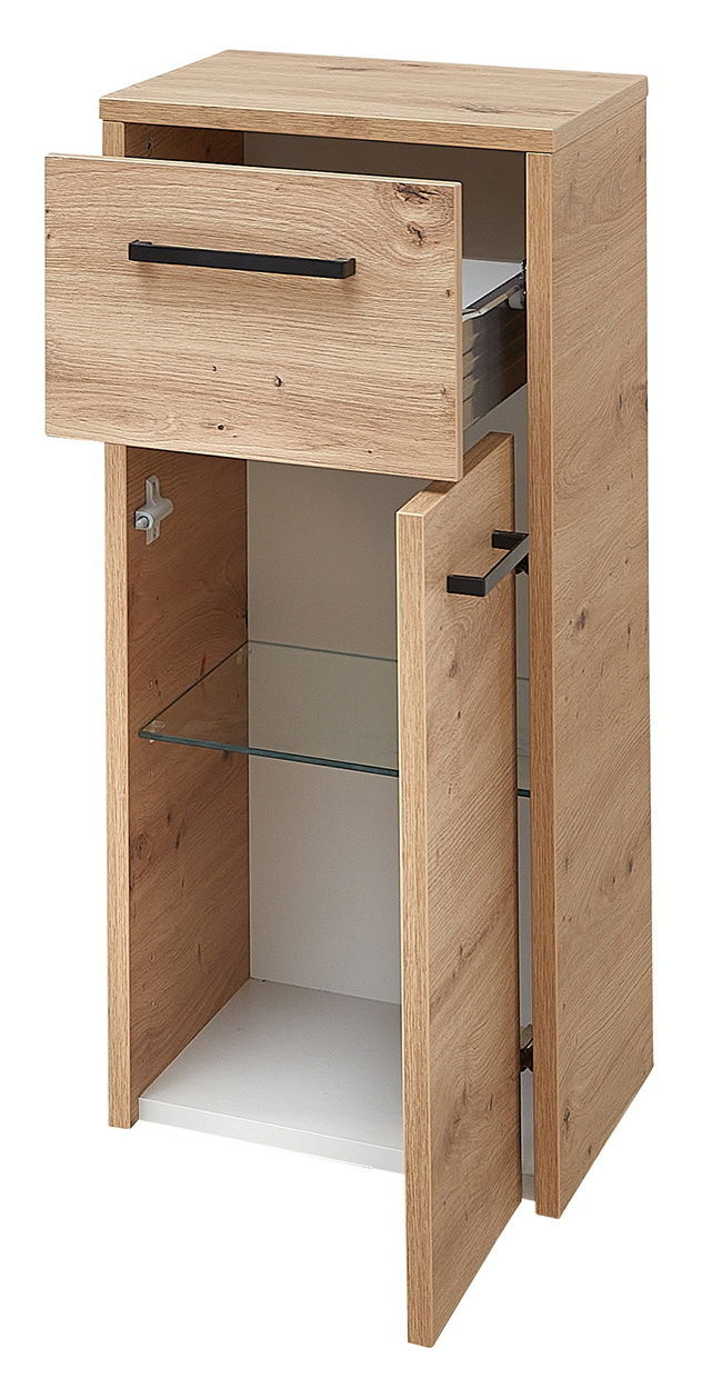 Unterschrank aus Holz mit einer offenen Schublade und einer geöffneten Tür, die einen Einlegeboden zeigt. Perspektive von vorne.