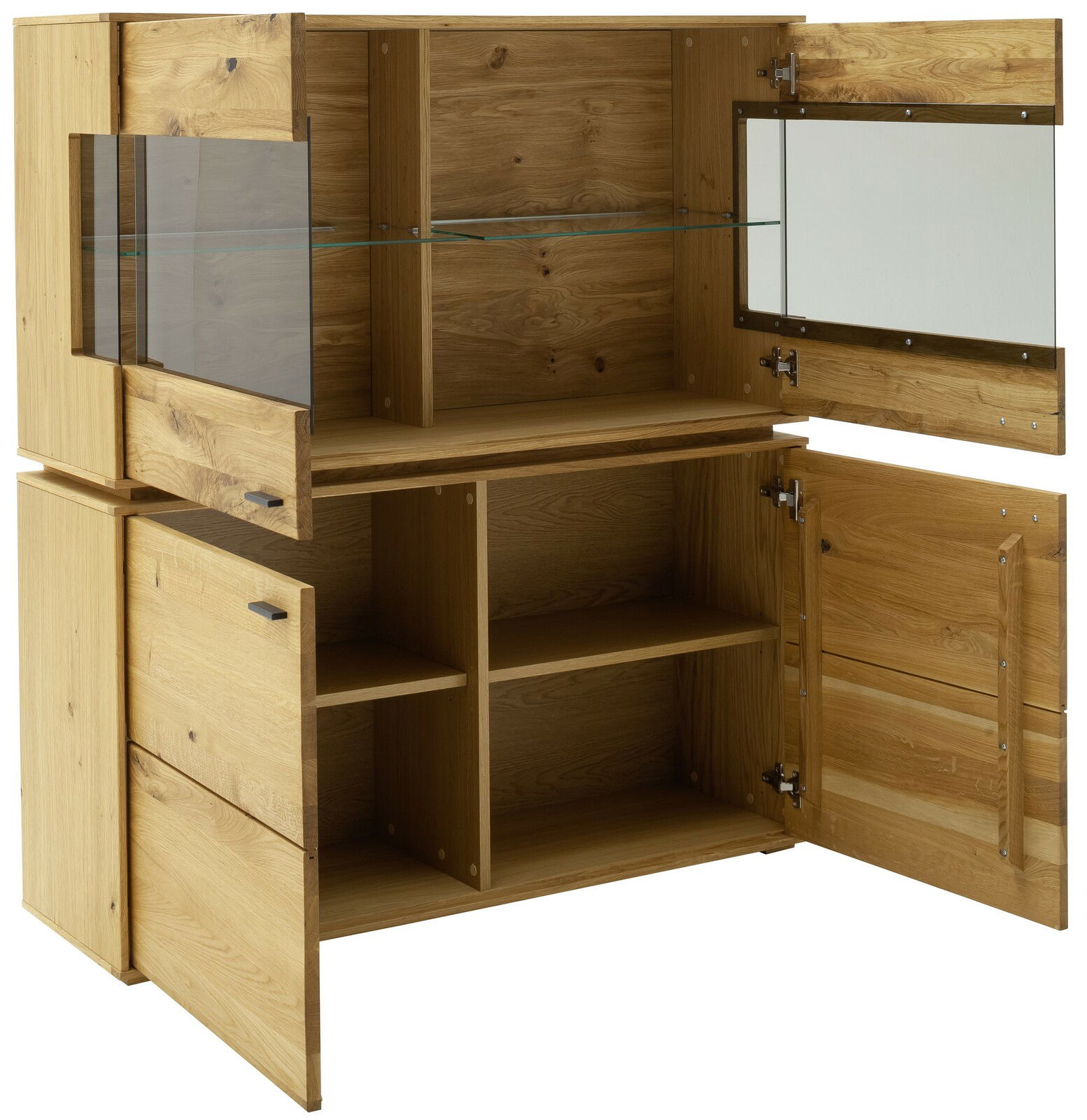 Geöffnetes Highboard aus Holz der Serie COMO von Zurbrüggen mit mehreren Fächern und Glaselementen, seitliche Perspektive