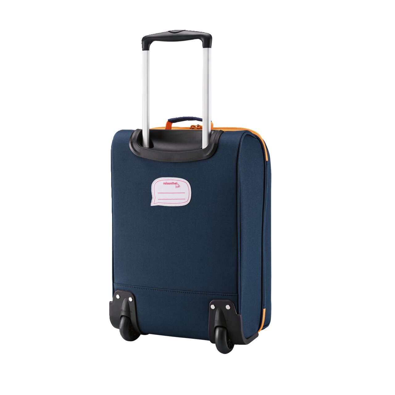 Rückansicht eines blauen Kinder-Trolleys mit ausziehbarem Griff und Rollen, Modell Tiger Navy.