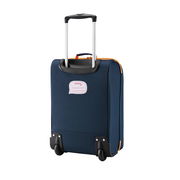 Rückansicht eines blauen Kinder-Trolleys mit ausziehbarem Griff und Rollen, Modell Tiger Navy.