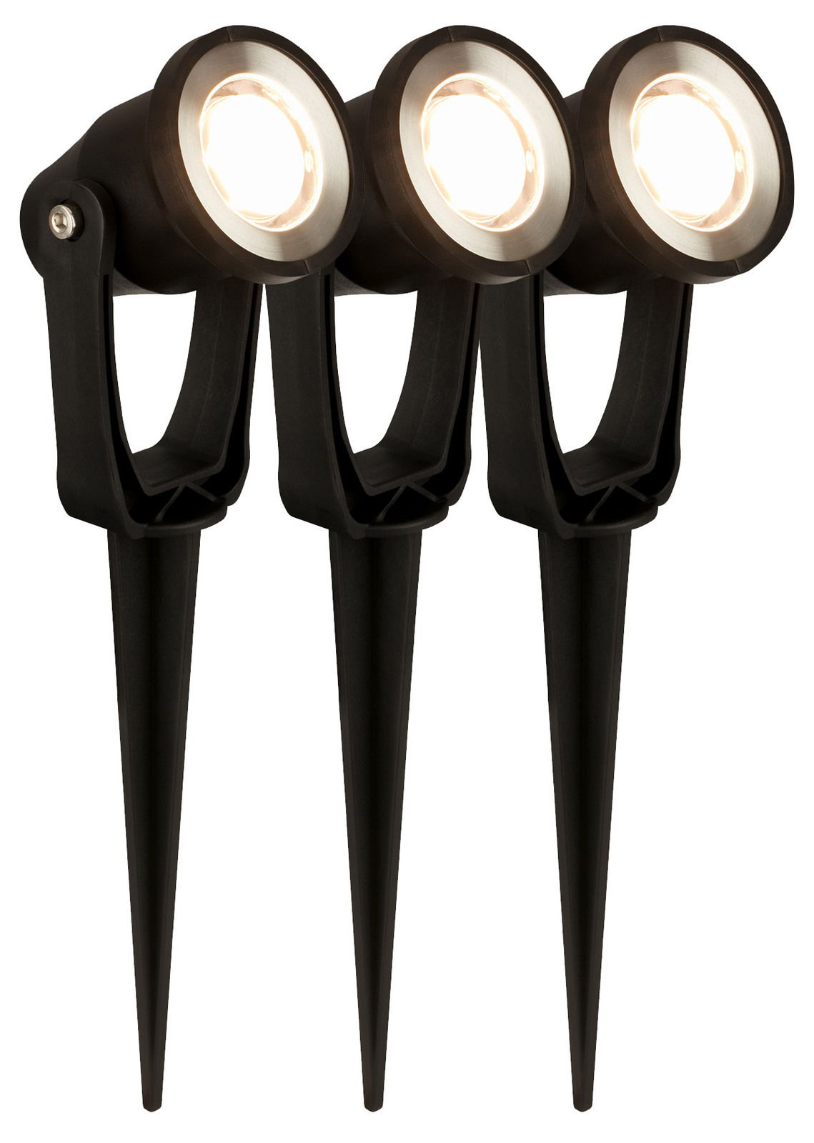 Drei schwarze Erdspieß-Spots mit leuchtenden LED-Lampen, seitliche Perspektive