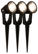 Drei schwarze Erdspieß-Spots mit leuchtenden LED-Lampen, seitliche Perspektive