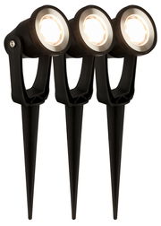 Drei schwarze Erdspieß-Spots mit leuchtenden LED-Lampen, seitliche Perspektive