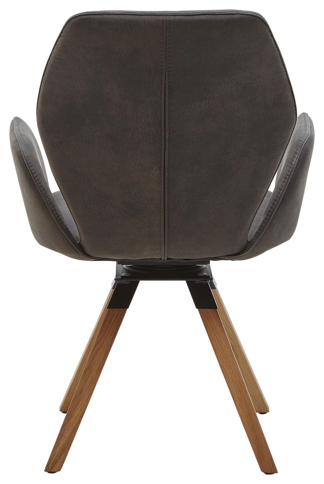 Rückansicht eines modernen Armlehnenstuhls mit dunkler Polsterung und Holzbeinen