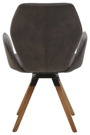 Rückansicht eines modernen Armlehnenstuhls mit dunkler Polsterung und Holzbeinen