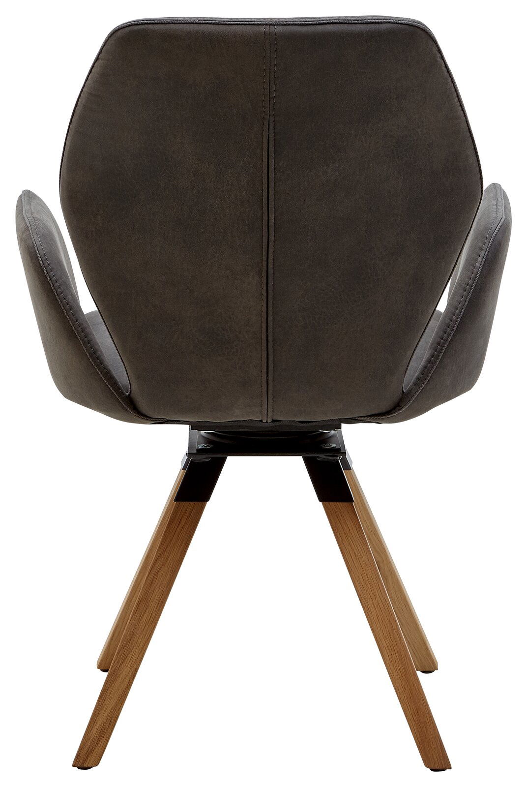 Rückansicht eines modernen Armlehnenstuhls mit dunkler Polsterung und Holzbeinen