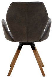 Rückansicht eines modernen Armlehnenstuhls mit dunkler Polsterung und Holzbeinen