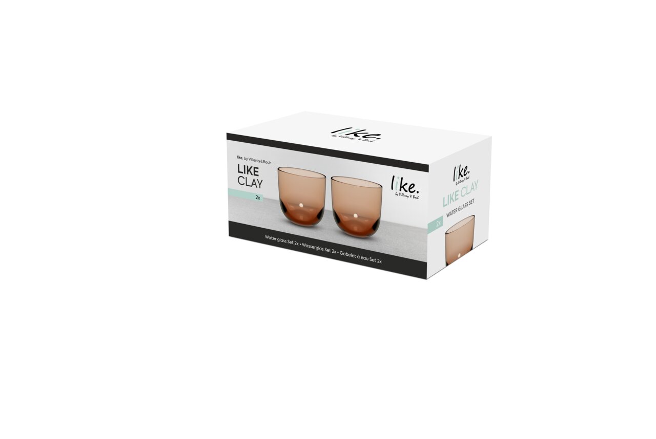 Verpackung eines 2-teiligen Wasserglas-Sets in Braun, seitliche Perspektive.