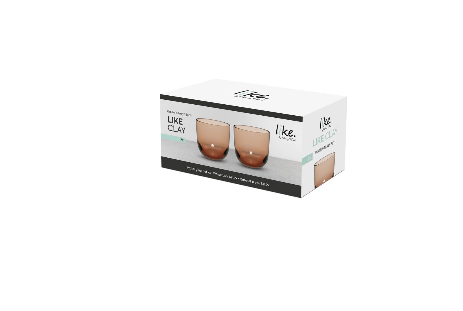 Verpackung eines 2-teiligen Wasserglas-Sets in Braun, seitliche Perspektive.