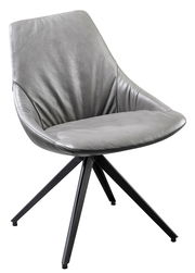 Moderner grauer Stuhl mit Lederbezug und schwarzem Metallgestell, seitliche Perspektive