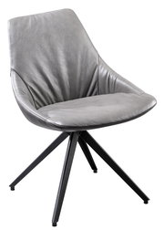 Moderner grauer Stuhl mit Lederbezug und schwarzem Metallgestell, seitliche Perspektive