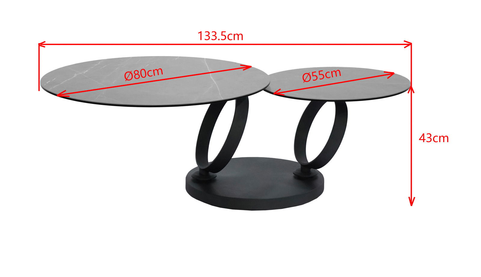 Moderner Couchtisch mit zwei runden Tischplatten in unterschiedlichen Größen, verbunden durch stilvolle, ovale Metallrahmen. Perspektive von der Seite.